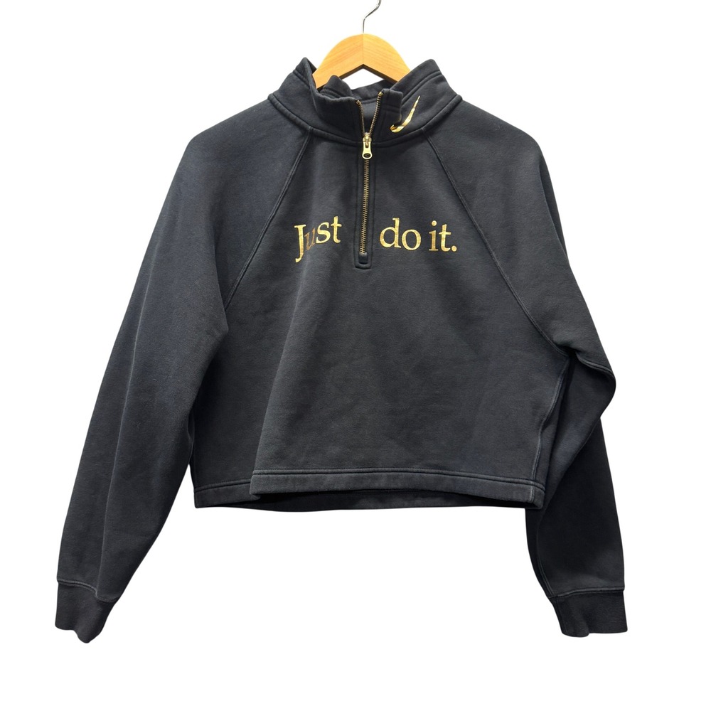 Nike Sweatshirt Womens M Cropped Just Do It Quarter Zip Black Gold Pullover